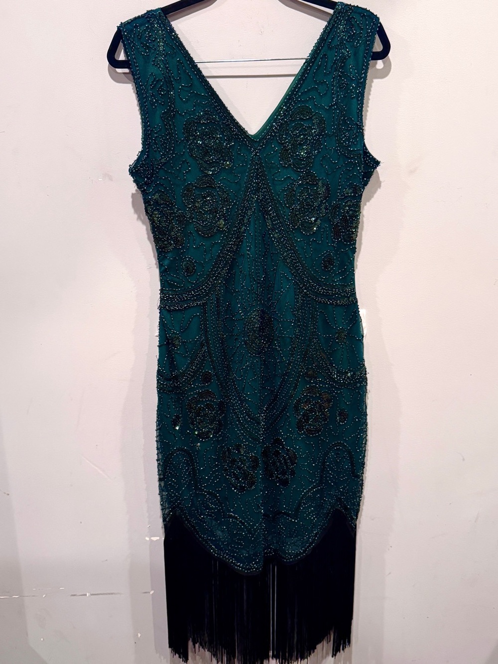 Women’s Green Beaded Sequin Fringe Sleeveless Vintage Inspired Dress Size L NWOT - Picture 4 of 13